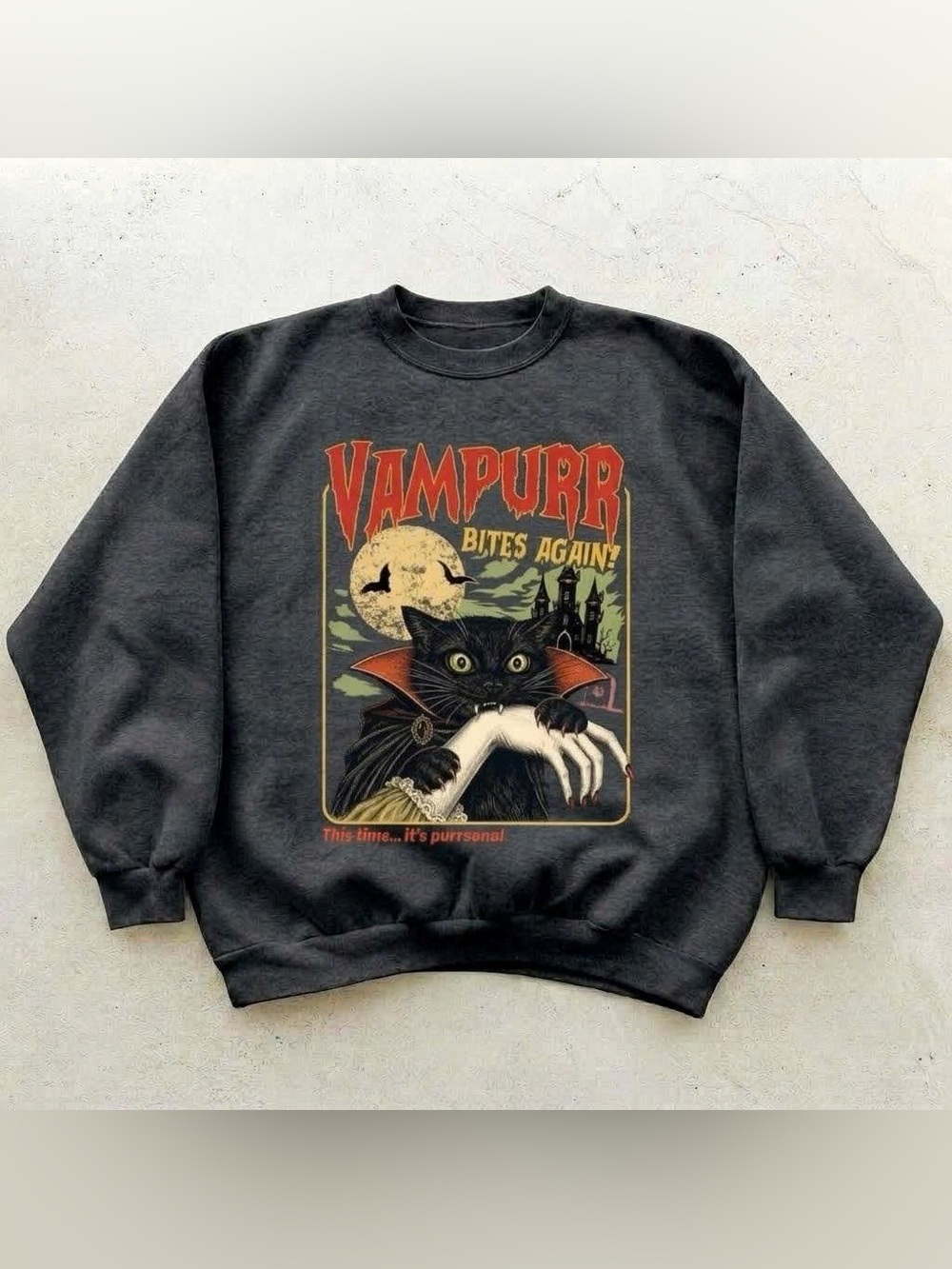Vintage Vampurr Bites Again! Graphic Cat Sweatshirt - Black